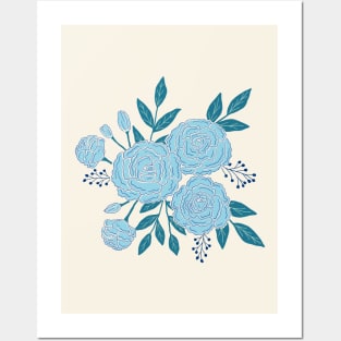 Delicate roses - Turquoise on white background Posters and Art